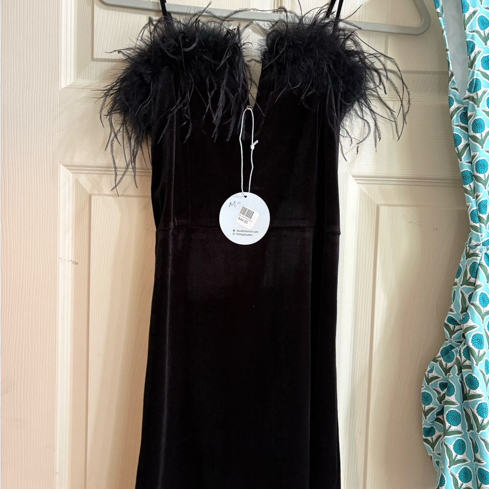 Feather-Trim Black Velvet Mini Dress